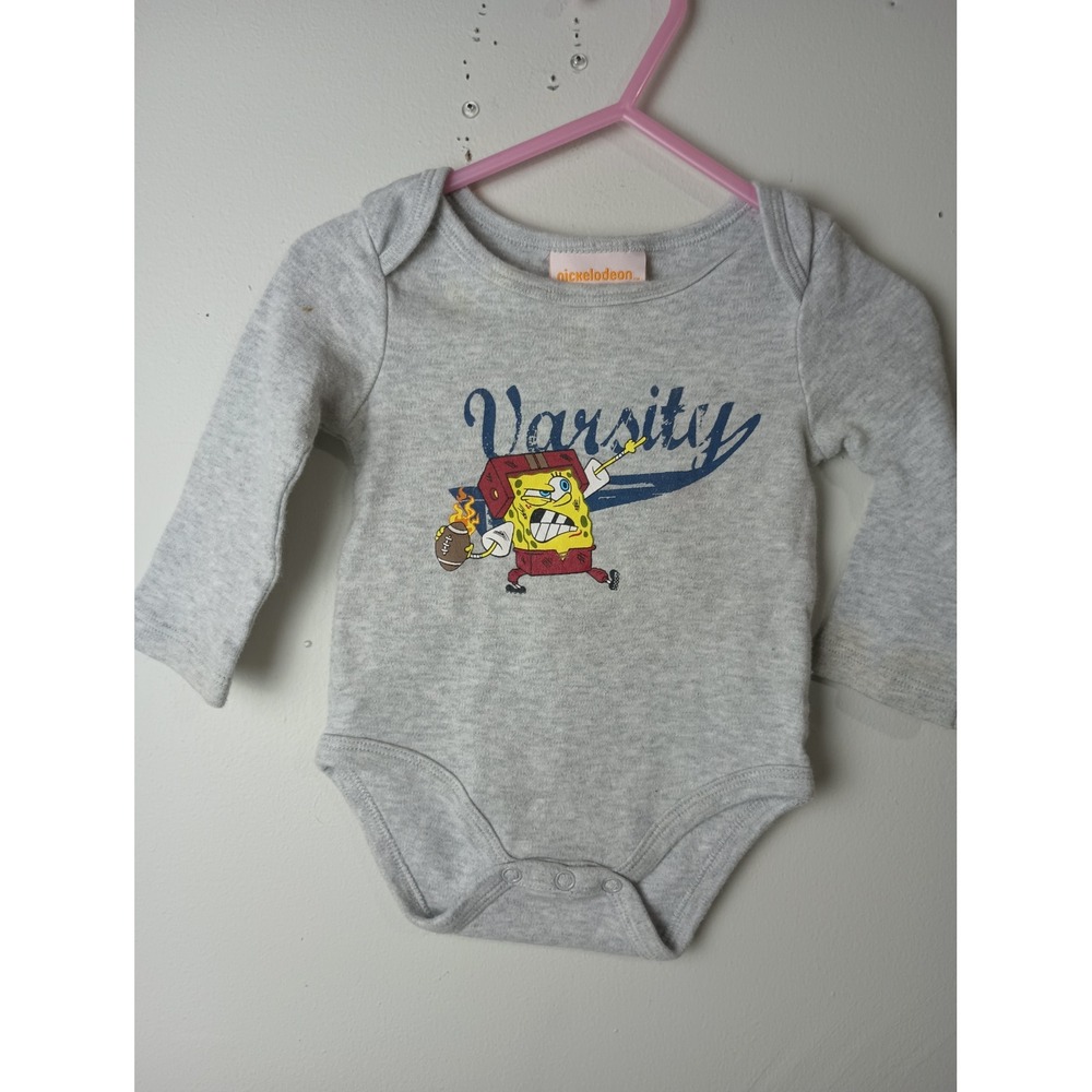 Vintage Nickelodeon SpongeBob SquarePants Football Varsity Bodysuit Gray 6-9M